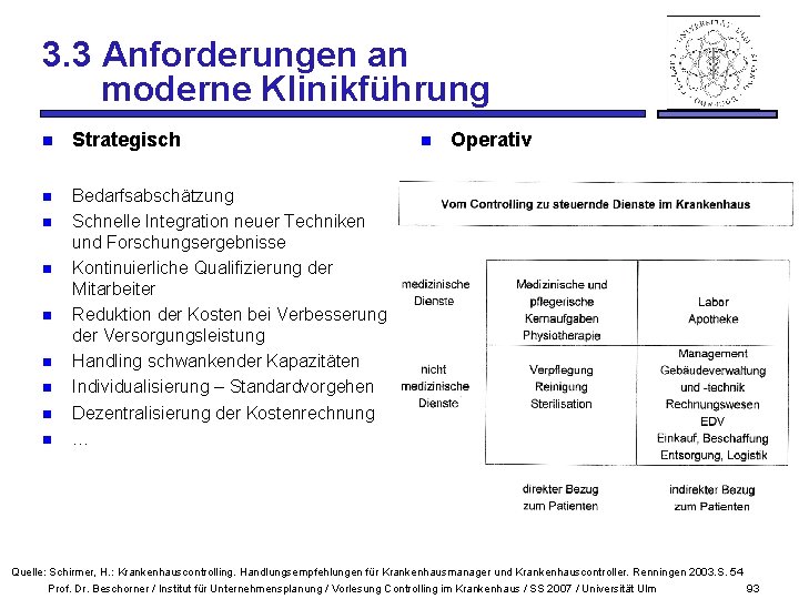 3. 3 Anforderungen an moderne Klinikführung n Strategisch n Bedarfsabschätzung Schnelle Integration neuer Techniken