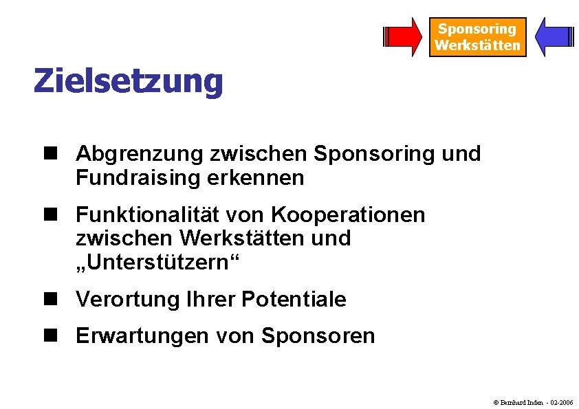Sponsoring Werkstätten Zielsetzung n Abgrenzung zwischen Sponsoring und Fundraising erkennen n Funktionalität von Kooperationen