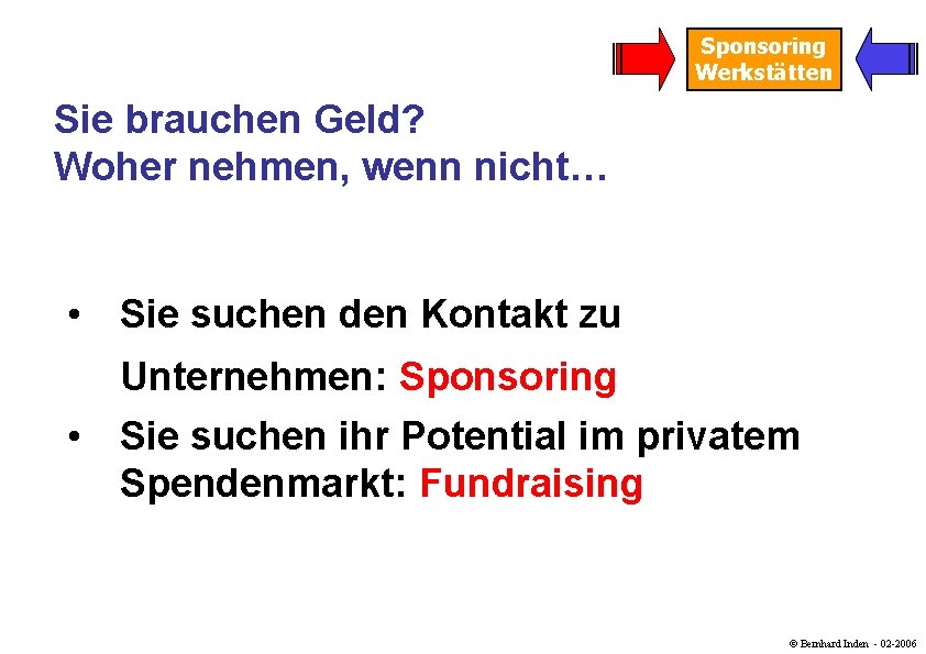 Sponsoring Werkstätten Sie brauchen Geld? Woher nehmen, wenn nicht… • Sie suchen den Kontakt