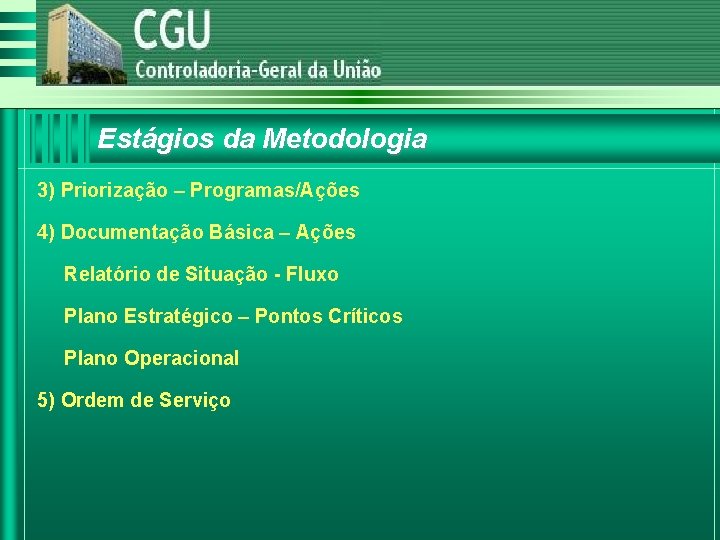 Estágios da Metodologia 3) Priorização – Programas/Ações 4) Documentação Básica – Ações Relatório de