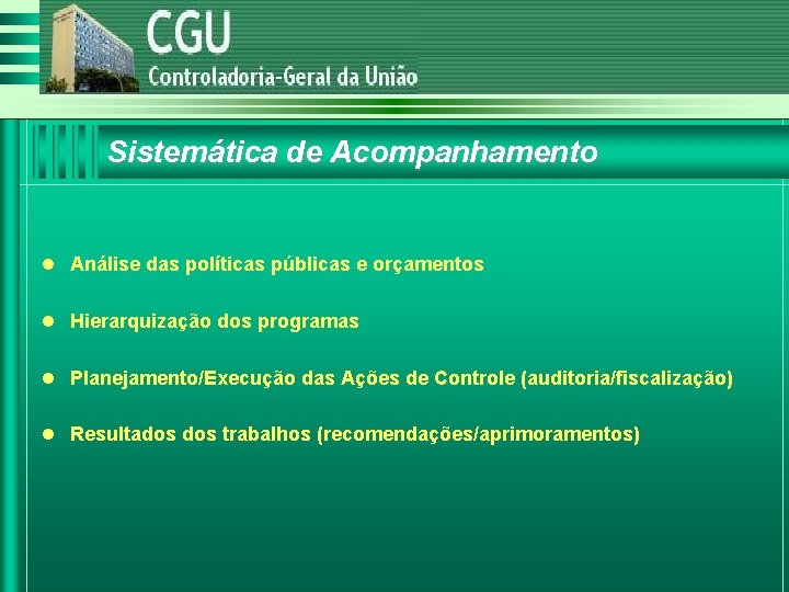Sistemática de Acompanhamento l Análise das políticas públicas e orçamentos l Hierarquização dos programas