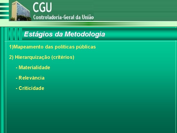 Estágios da Metodologia 1)Mapeamento das políticas públicas 2) Hierarquização (critérios) - Materialidade - Relevância