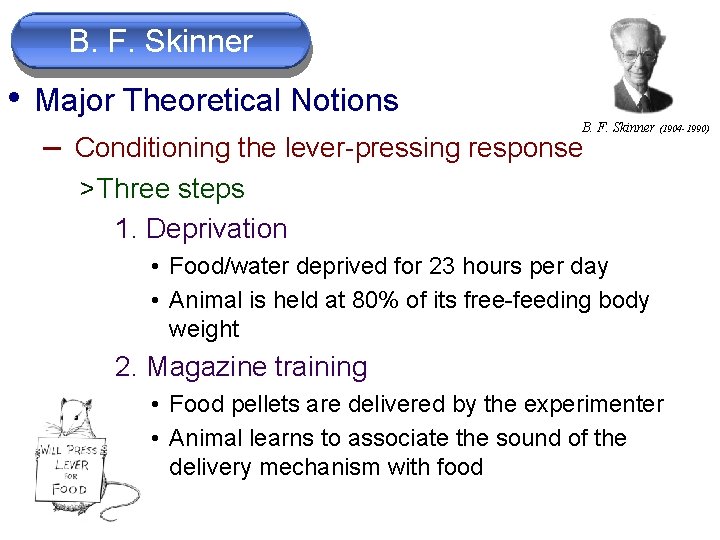 B. F. Skinner • Major Theoretical Notions B. F. Skinner (1904 -1990) – Conditioning