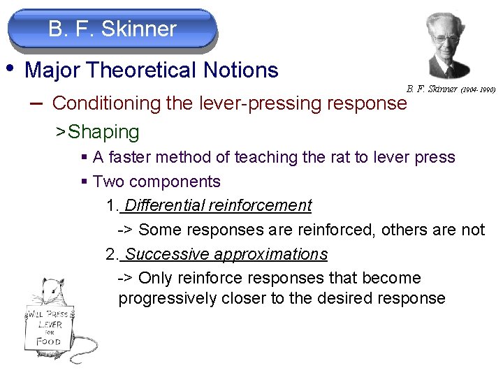 B. F. Skinner • Major Theoretical Notions B. F. Skinner (1904 -1990) – Conditioning