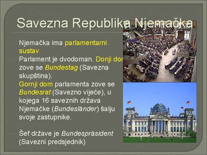 Savezna Republika Njemačka ima parlamentarni sustav Parlament je dvodoman. Donji dom zove se Bundestag