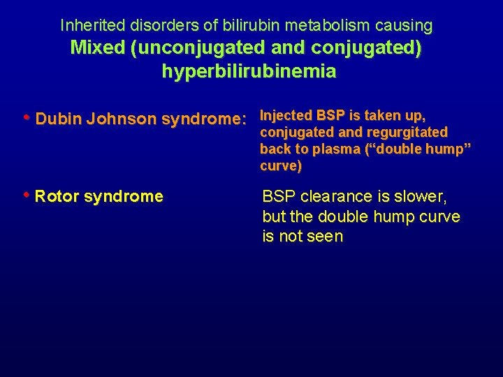 Inherited disorders of bilirubin metabolism causing Mixed (unconjugated and conjugated) hyperbilirubinemia • Dubin Johnson