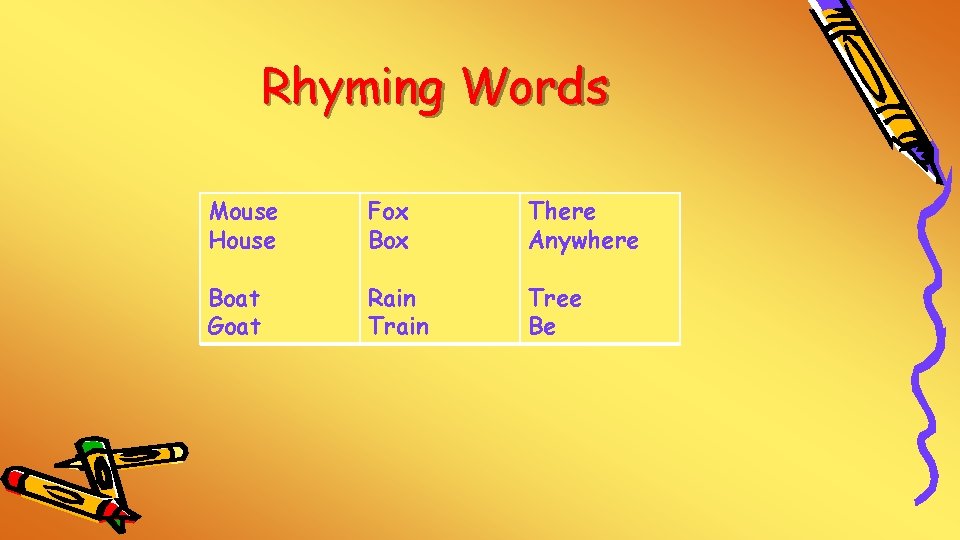 Rhyming Words Mouse House Fox Box There Anywhere Boat Goat Rain Tree Be 