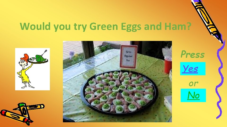 Would you try Green Eggs and Ham? Press Yes or No 