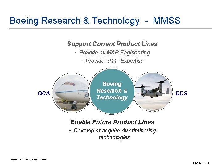 Boeing Research & Technology - MMSS Support Current Product Lines • Provide all M&P
