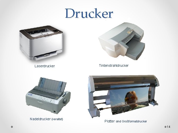 Drucker Laserdrucker Nadeldrucker (veraltet) Tintenstrahldrucker Plotter sind Großformatdrucker 14 
