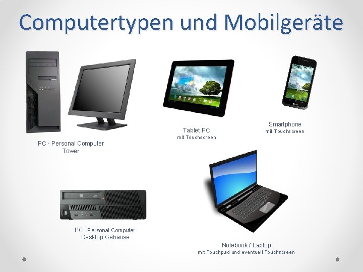 Computertypen und Mobilgeräte Tablet PC PC - Personal Computer Tower Smartphone mit Touchscreen PC