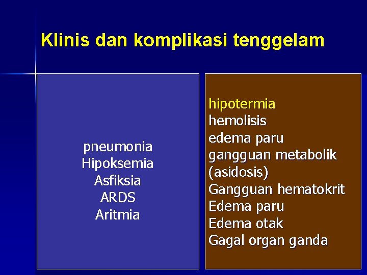 Klinis dan komplikasi tenggelam pneumonia Hipoksemia Asfiksia ARDS Aritmia hipotermia hemolisis edema paru gangguan