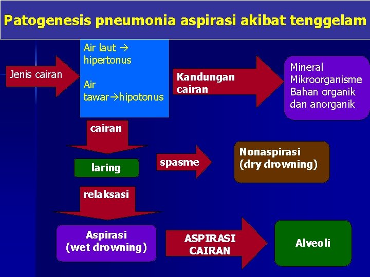 Patogenesis pneumonia aspirasi akibat tenggelam Air laut hipertonus Jenis cairan Air tawar hipotonus Kandungan