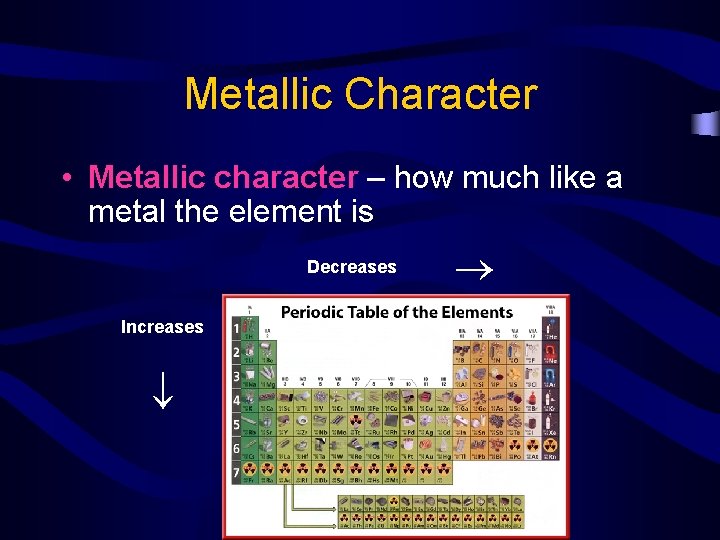 Metallic Character Decreases Increases • Metallic character – how much like a metal the