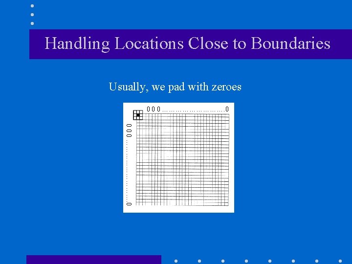 Handling Locations Close to Boundaries Usually, we pad with zeroes 0 0 0 ………………………. Handling Locations Close to Boundaries Usually, we pad with zeroes 0 0 0 ……………………….