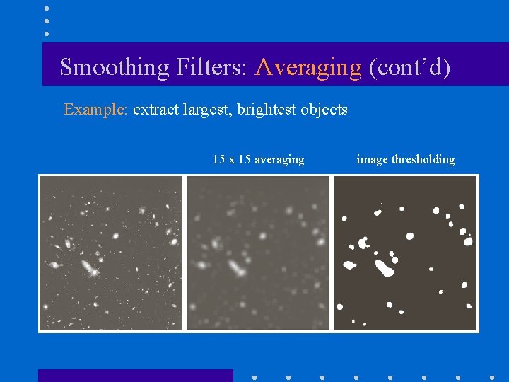 Smoothing Filters: Averaging (cont’d) Example: extract largest, brightest objects 15 x 15 averaging image Smoothing Filters: Averaging (cont’d) Example: extract largest, brightest objects 15 x 15 averaging image
