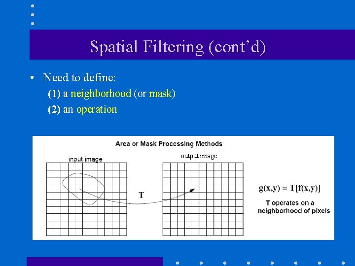 Spatial Filtering (cont’d) • Need to define: (1) a neighborhood (or mask) (2) an Spatial Filtering (cont’d) • Need to define: (1) a neighborhood (or mask) (2) an