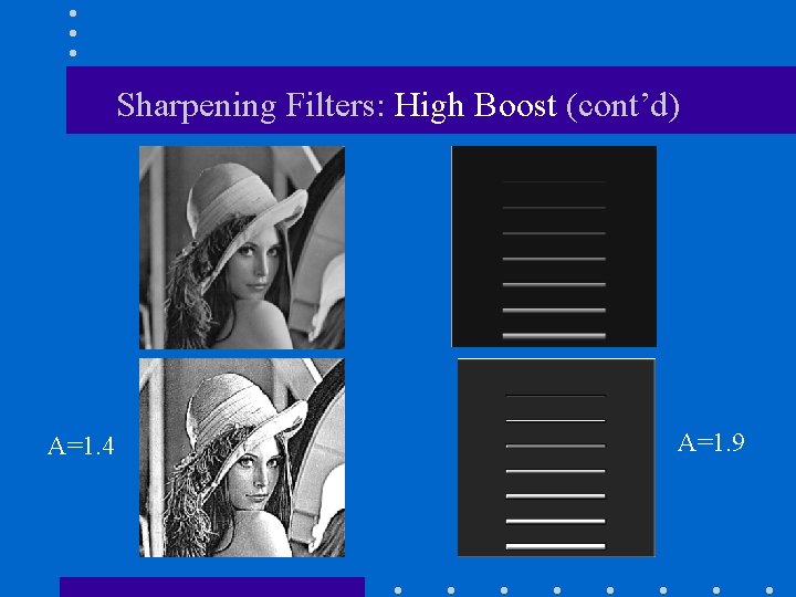 Sharpening Filters: High Boost (cont’d) A=1. 4 A=1. 9 Sharpening Filters: High Boost (cont’d) A=1. 4 A=1. 9