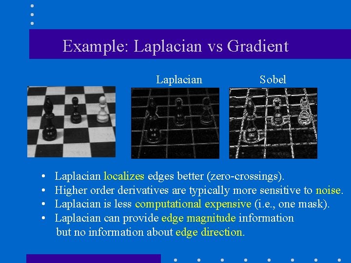 Example: Laplacian vs Gradient Laplacian Sobel • Laplacian localizes edges better (zero-crossings). • Higher Example: Laplacian vs Gradient Laplacian Sobel • Laplacian localizes edges better (zero-crossings). • Higher