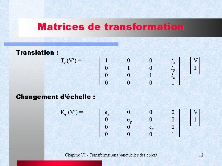 Matrices de transformation Translation : Tt (V') = 1 0 0 0 0 1