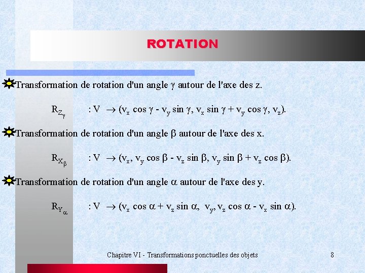 ROTATION Transformation de rotation d'un angle g autour de l'axe des z. RZ g