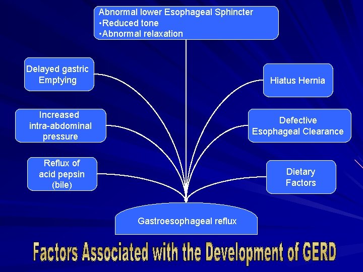 Abnormal lower Esophageal Sphincter • Reduced tone • Abnormal relaxation Delayed gastric Emptying Hiatus