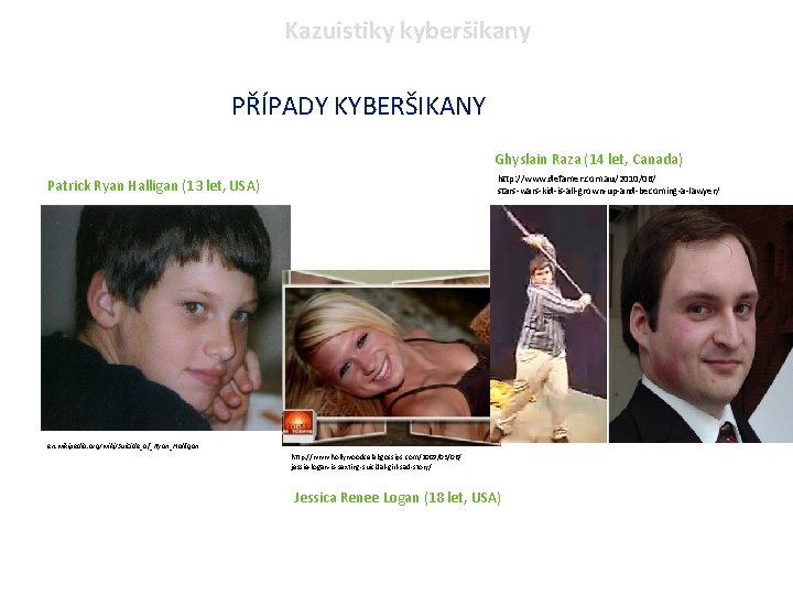 Kazuistiky kyberšikany PŘÍPADY KYBERŠIKANY Ghyslain Raza (14 let, Canada) http: //www. defamer. com. au/2010/06/