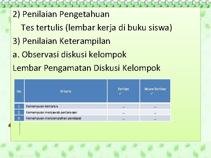 2) Penilaian Pengetahuan Tes tertulis (lembar kerja di buku siswa) 3) Penilaian Keterampilan a.