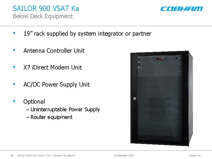 SAILOR 900 VSAT Ka Below Deck Equipment • 19” rack supplied by system integrator