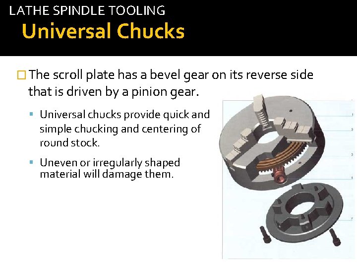 LATHE SPINDLE TOOLING Universal Chucks � The scroll plate has a bevel gear on