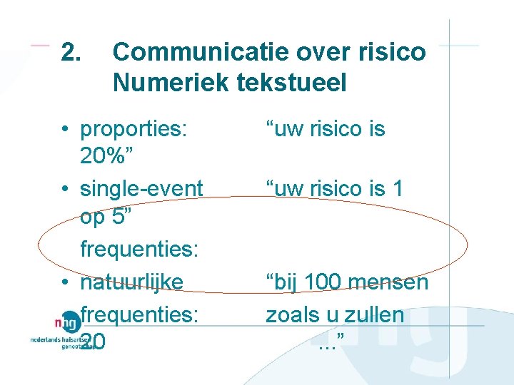 2. Communicatie over risico Numeriek tekstueel • proporties: 20%” • single-event op 5” frequenties: