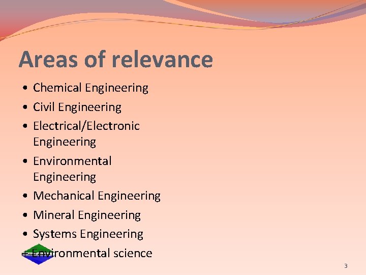 Areas of relevance • Chemical Engineering • Civil Engineering • Electrical/Electronic Engineering • Environmental