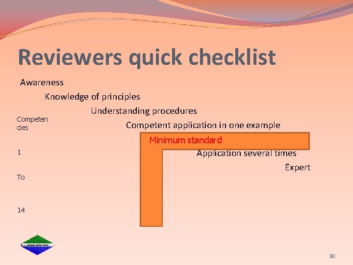 Reviewers quick checklist Awareness Knowledge of principles Understanding procedures Competent application in one example