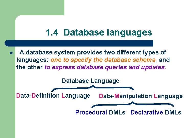 1. 4 Database languages l A database system provides two different types of languages: