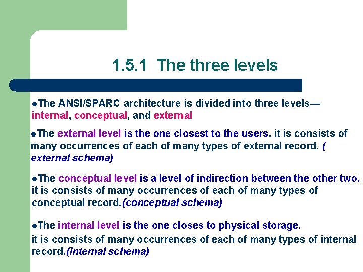 1. 5. 1 The three levels l. The ANSI/SPARC architecture is divided into three