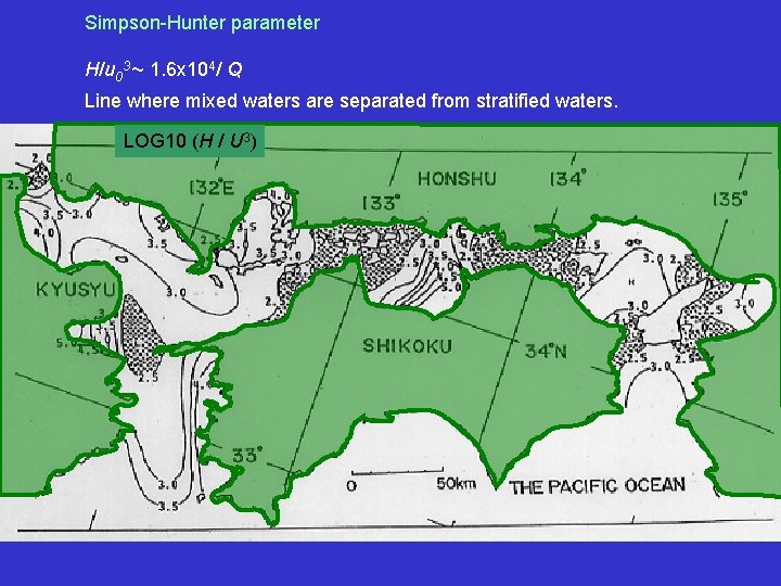 Simpson-Hunter parameter H/u 03 ~ 1. 6 x 104/ Q Line where mixed waters