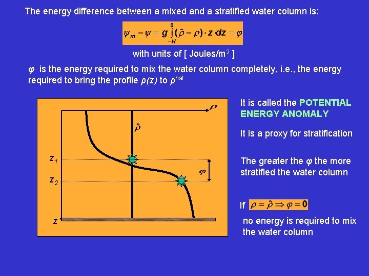 The energy difference between a mixed and a stratified water column is: with units