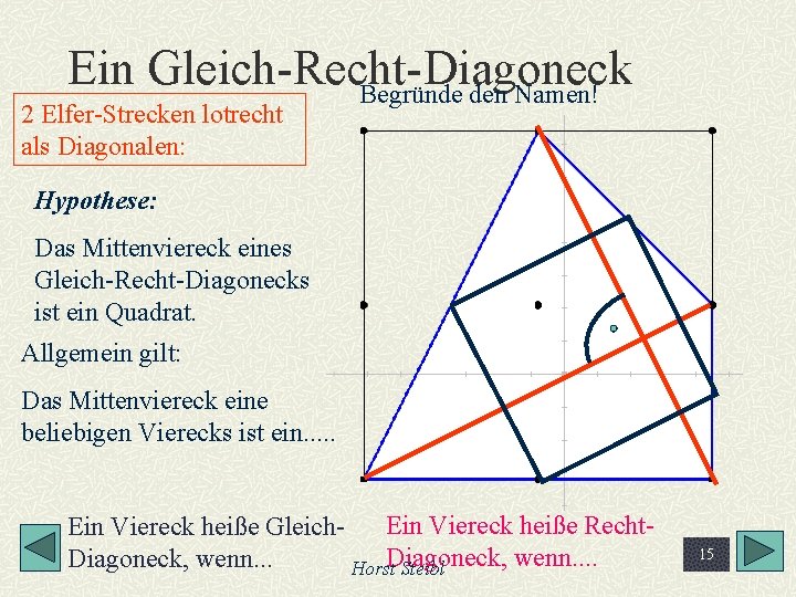 Ein Gleich-Recht-Diagoneck Begründe den Namen! 2 Elfer-Strecken lotrecht als Diagonalen: Hypothese: Das Mittenviereck eines