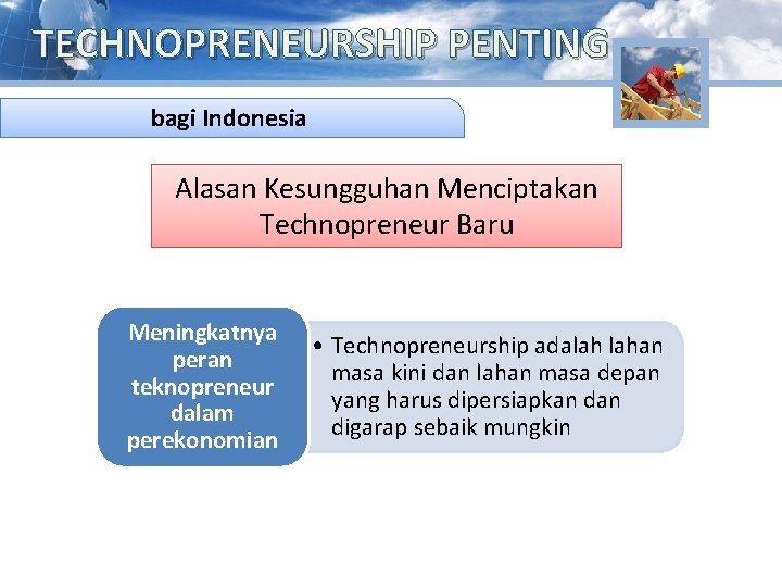 TECHNOPRENEURSHIP PENTING National Technopreneurship bagi Indonesia Center Alasan Kesungguhan Menciptakan Technopreneur Baru Meningkatnya peran