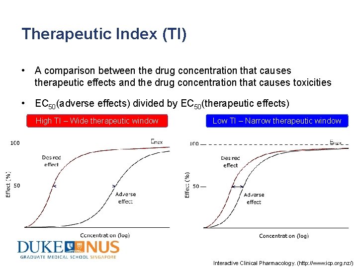 Therapeutic Index (TI) • A comparison between the drug concentration that causes therapeutic effects