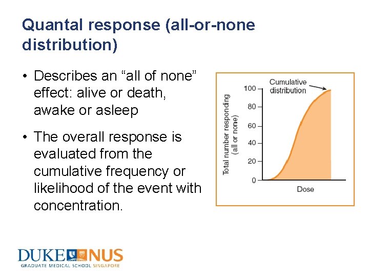 Quantal response (all-or-none distribution) • Describes an “all of none” effect: alive or death,