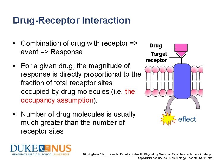 Drug-Receptor Interaction • Combination of drug with receptor => event => Response • For