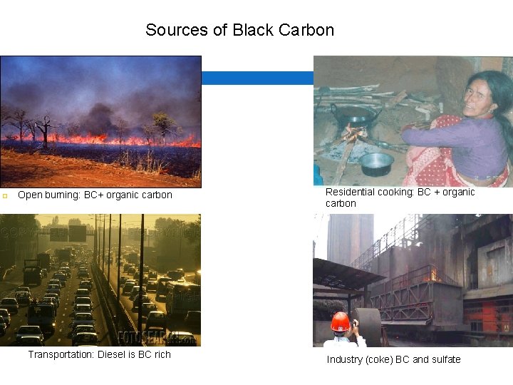 Sources of Black Carbon ¨ Open burning: BC+ organic carbon Transportation: Diesel is BC