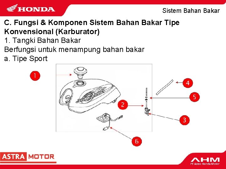 Sistem Bahan Bakar C. Fungsi & Komponen Sistem Bahan Bakar Tipe Konvensional (Karburator) 1.