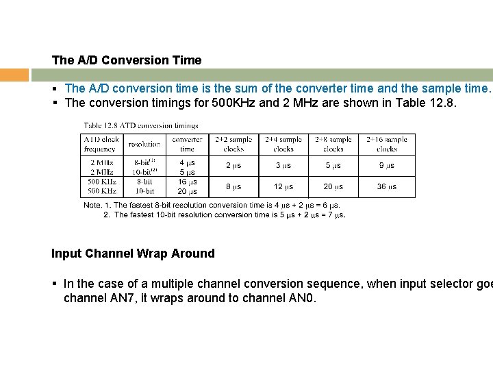 The A/D Conversion Time § The A/D conversion time is the sum of the