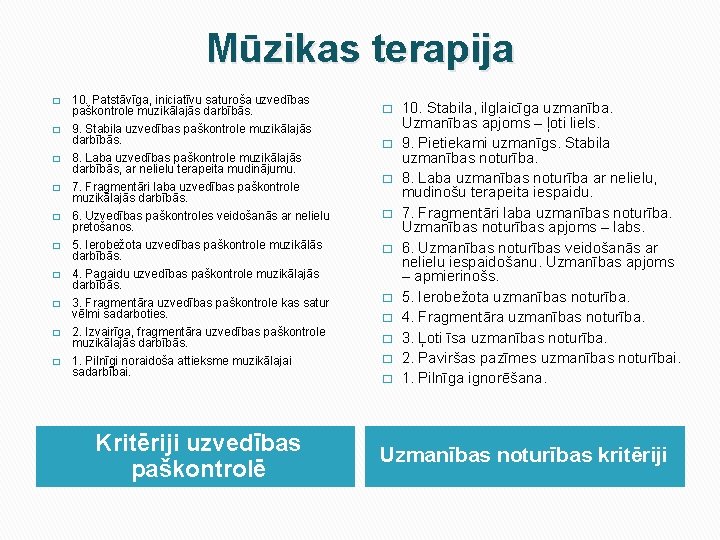 Mūzikas terapija � � � � � 10. Patstāvīga, iniciatīvu saturoša uzvedības paškontrole muzikālajās