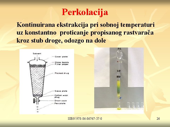 Perkolacija Kontinuirana ekstrakcija pri sobnoj temperaturi uz konstantno proticanje propisanog rastvarača kroz stub droge,