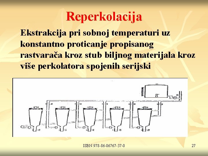 Reperkolacija Ekstrakcija pri sobnoj temperaturi uz konstantno proticanje propisanog rastvarača kroz stub biljnog materijala