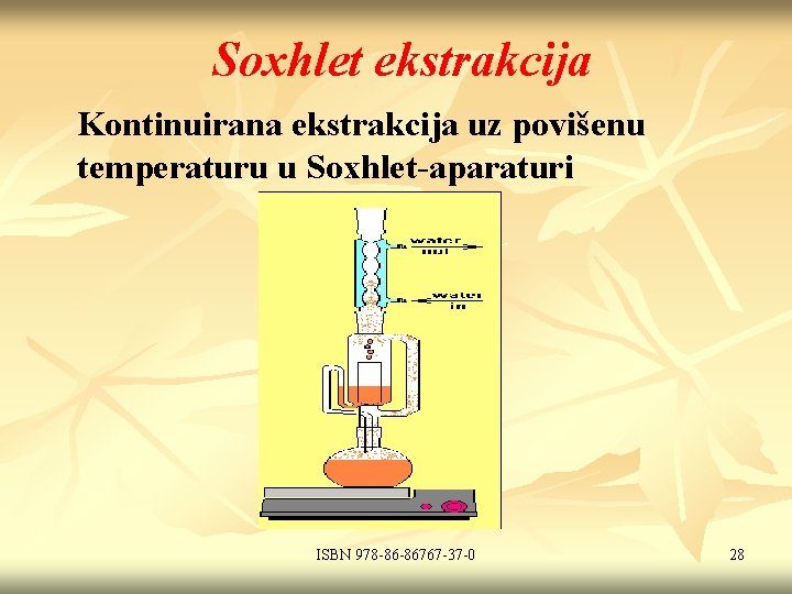 Soxhlet ekstrakcija Kontinuirana ekstrakcija uz povišenu temperaturu u Soxhlet-aparaturi ISBN 978 -86 -86767 -37