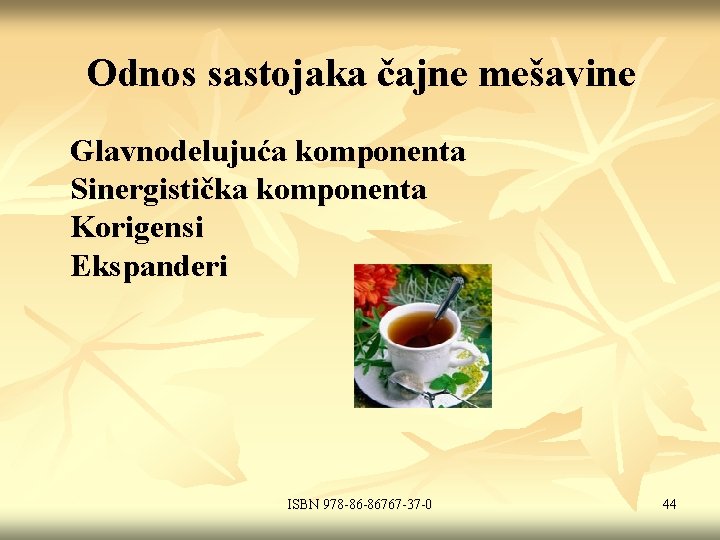 Odnos sastojaka čajne mešavine Glavnodelujuća komponenta Sinergistička komponenta Korigensi Ekspanderi ISBN 978 -86 -86767